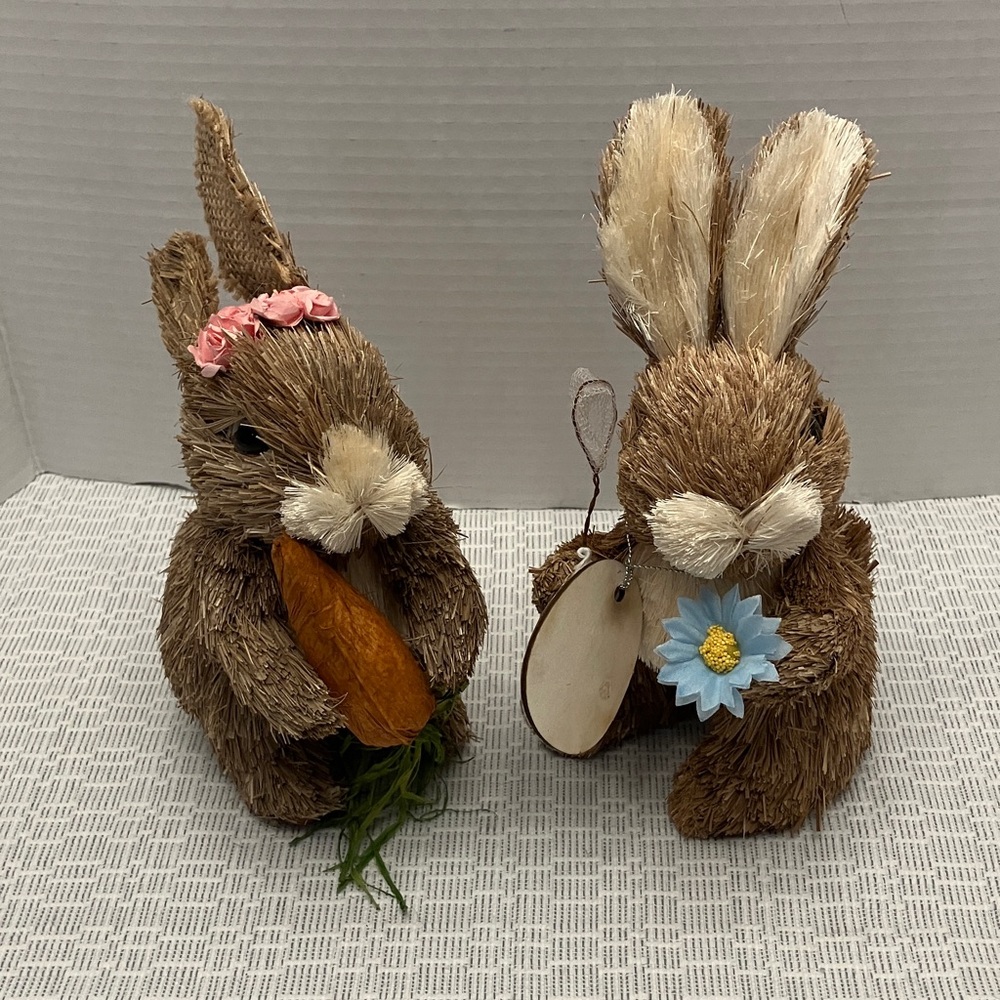 Brown Decorative Straw Bunny with Blue Flower & Carrot
